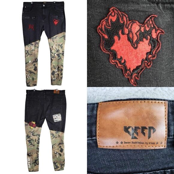 Kleep Jeans Camouflage Camo Pants Mens Size 42 42X33 Mixed Print Embroidered - Picture 1 of 16